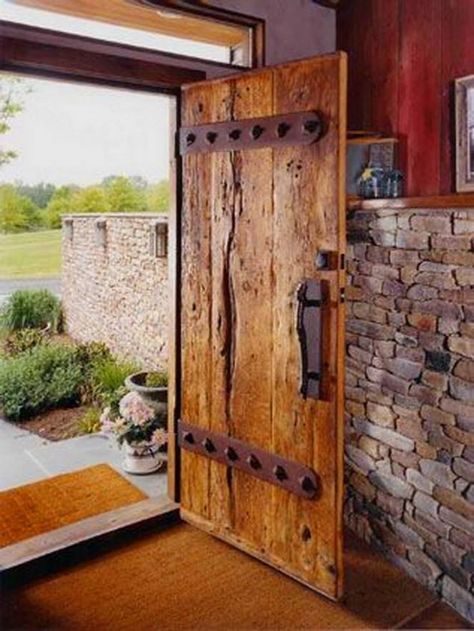 Rustic Door Used As Front Door Threshing Floor, Floor Boards, Barn Siding, Front Door Entrance, Cool Doors, Rustic Doors, Front Entrance, Front Entrances, घर की सजावट