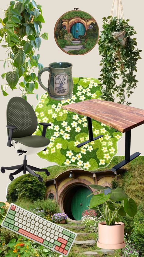 Hobbit inspired office decor Hobbit Office Decor, Hobbit Office, Cottage Core Office, Hobbit Life, Desk Layout, Desk Goals, Hobbit Hole, Desk Inspiration, Anime Room