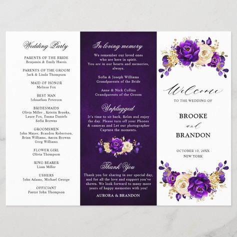 Tri Fold Wedding Program, Gold Theme Wedding, Gold Yellow Color, Gold Wedding Theme, Elegant Bouquet, Gold Theme, Purple Violet, Wedding Program, Theme Wedding