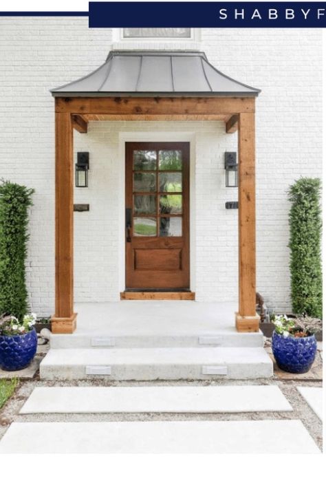 Portico Entry, Front Door Overhang, Front Door Awning, Door Overhang, Portico Design, Porch Remodel, Porch Addition, Front Door Porch, Exterior Front Doors