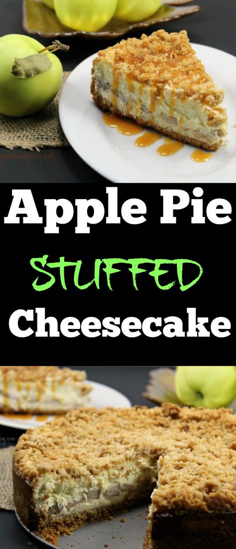 This is the ultimate dessert, especially for those who don't want to choose between apple pie and cheesecake.  This decadent dessert brings you the best of both!  As with most good cheesecake recipes, it's a little time consuming but worth it all!  Serve this at Thanksgiving and it will be the number one thing everyone is thankful for this year! Apple Cake Cheesecake, Apple Pumpkin Cheesecake, Stuffed Apple Pie Cheesecake, Apple Stuffed Cheesecake, Apple Pie Stuffed Cheesecake Recipe, Thanksgiving Recipes Dessert Cheesecake, Apple Pie Stuffed Cheesecake, Thanksgiving Cheesecakes, Thanksgiving Cheesecake Recipes