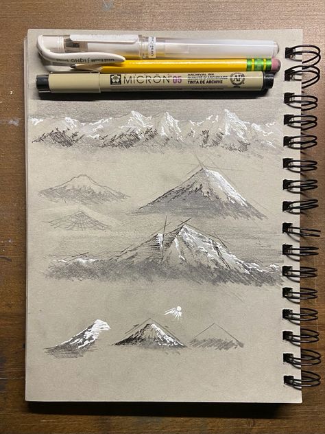 Alaska Sketch, Mountain Sketch, Toned Paper, Paper Drawing, Love Drawings, Pencil Art, Pencil Drawings, Art Sketches, Colored Pencils