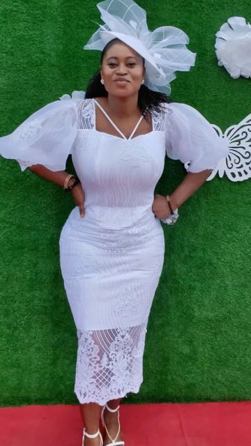 Simple Lace Dress Styles Ghana, White Lace Gown Styles, White Lace Dress Styles Ghana, White Lace Styles, Lace Dress Styles Ghana, Simple White Lace Dress, White Lace Outfit, Empress Clothing, Classy White Dress