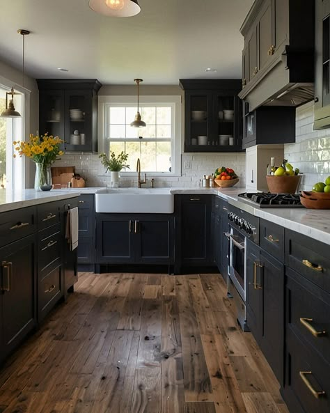 Modern Farmhouse style kitchen with Black shaker cabinets. #blackshaker #blackshakerkitchen #artisancabinets Black Cabinets With Black Handles, Gray Countertops Black Cabinets, Black Shaker Style Kitchen, Black Farmhouse Aesthetic, Black Cabinet Farmhouse Kitchen, Kitchen Countertops With Black Cabinets, Modern Farmhouse Kitchen With Black Cabinets, Kitchen Modern Farmhouse Ideas, Modern Farmhouse Kitchens Black Cabinets