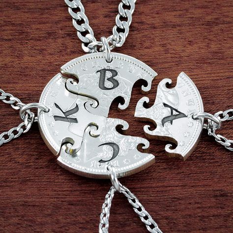 Friendship Necklaces For 4, Bff Stuff, Swirly Pattern, 4 Best Friends, Friends Jewelry, Silver Dollar Coin, Bff Jewelry, Custom Initial Necklace, Initial Necklaces