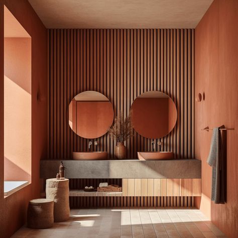 Terracotta Walls Bathroom, Terracotta Bathroom Walls, Terracota Interior, Terracotta Tiles Bathroom, Rust Bathroom, Orange Bathrooms Designs, Orange Bathrooms, Interior Design Courses, Master Ensuite