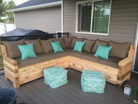 To recreate this awesome pallet repurpose sectional sofa you'll need 8 Wooden Pallets. This sofa use the Euro-pallets type. (There are different kinds of Pallet Sectional, Patio Plans, Deck Decor, Fireplace Designs, Sofa L, Pallet Patio, Pallet Sofa, Outdoor Furniture Plans, Outdoor Couch