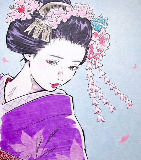 Hair Ideas Reference Drawing, Cute Japanese Characters, Geisha Art Illustrations, Chinese Architecture Drawing, Emphasis Art, Cute Icons Aesthetic, Japanese Maiko, Drawing Japanese, Pretty Characters