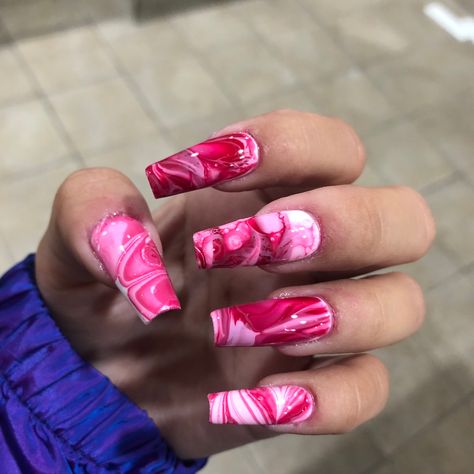 Magenta Marble Nails, Dark Pink Marble Nails, Pink Watercolor Nails, Pink And Red Marble Nails, Hot Pink Marble Nails, Marble Pink Nails, Nails Pink And Red, Red Marble Nails, Pink And Red Nails