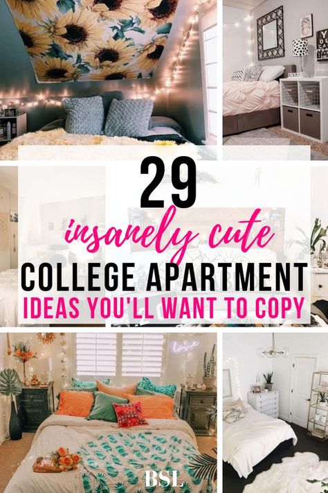 adding all these college apartment bedroom ideas to my pinterest board. love them College Apartment Must Haves, College Apartment Ideas Bedroom, Simple College Apartment, College Apartment Ideas Living Room, Boho College Apartment, Small College Apartment, College Apartment Decor Living Room, Cozy College Apartment, Bedroom Ideas College Apartment