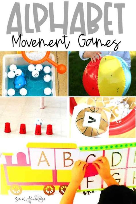 Alphabet Movement Games [Fun Activities for Preschoolers] Gross Motor Alphabet Activities, Games With Balls, Preschool Circle Time Activities, Physical Activities For Toddlers, Toddler Lesson Plans, Name Activities Preschool, Alphabet Chart Printable, Kids Phonics, Simple Alphabet