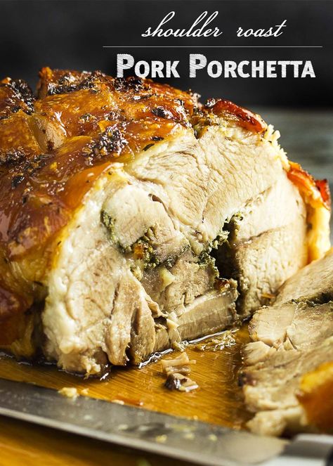 Boneless pork shoulder rubbed with herbs and garlic, then rolled and roasted makes a simple, rich, and intensely flavored pork porchetta. | justalittlebitofbacon.com Porchetta Recipe, Porchetta Recipes, Recipes Using Pork, Rolled Roast, Italian Pork, Recipe Italian, Boneless Pork Shoulder, Pork Shoulder Roast, Pork Roast Recipes