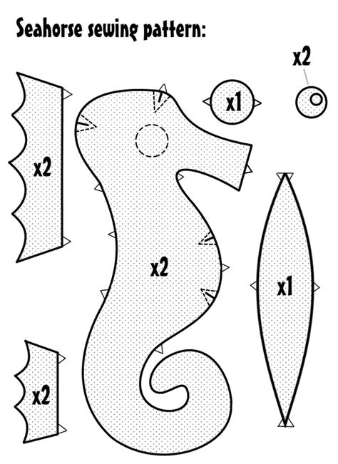 Sewingpattern made by anineko Credit is appreciated but not necessary. (Don't say it's yours.) And please show us the result. Sea Horse Sewing Pattern, Starfish Sewing Pattern, Seahorse Sewing Pattern, Seahorse Carousel, Seahorse Pattern, Felt Animal Patterns, Fabric Fish, Animal Sewing Patterns, Plushie Patterns