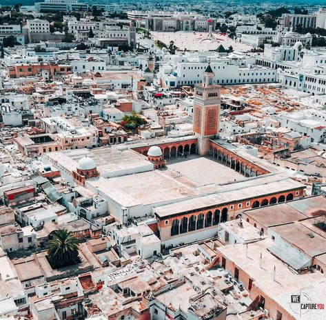 Zaitouna Mosque- El Medina - Tunis - Tunisia Tunisian Architecture, Mediterranean People, Tourism Design, Green Landscapes, Modern School, Drone Flying, Aerial Photography Drone, Travel Africa, Landscape Concept