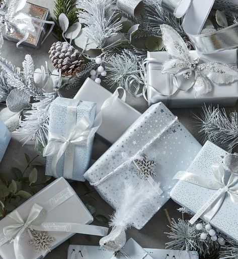 #christmasdecor #holidaydecor #festivehome #christmasdiy #holidayinspiration #creativeholiday #christmasdecorations #homedecorideas Silver Christmas Wrapping, White And Silver Christmas Decorations, Creative Wrapping Ideas, White And Silver Christmas, Lake Home Decor, Creative Wrapping, Elegant Gift Wrapping, Silver Christmas Decorations, Silver Wrapping Paper