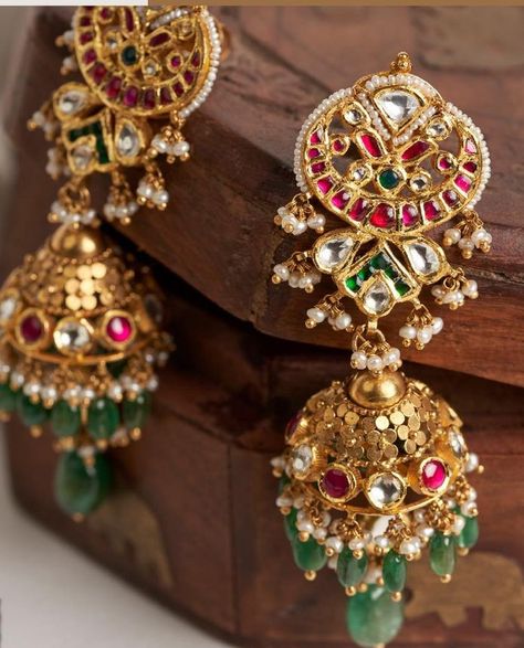 Kundan Buttalu Gold Earrings, Antique Earrings Jhumka, Kundan Buttalu, Buttalu Earrings Gold Bridal, Buttalu Earrings Gold, Buttalu Designs, Gold Jhumka Designs, Gold Jumkas, Gold Buttalu