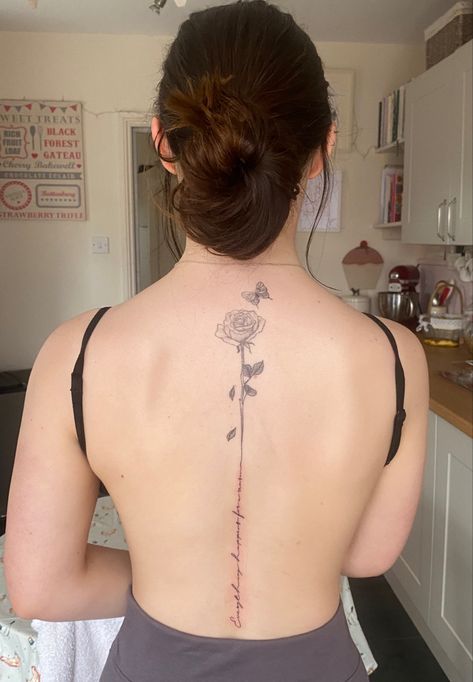 Flower Script Spine Tattoo, Masculine Spine Tattoo, Spine Tattoo Rose Vine, Spine Tattoos Butterflies, Spine Tattoos Men, Rose Spine Tattoos For Women, Spine Tattoo Simple, Red Spine Tattoos For Women, Spine Tattoo Women