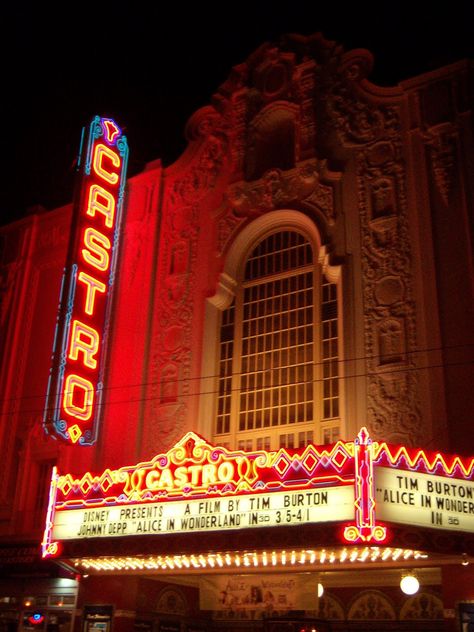 Neon signs and ornate Spanish Mission styling on buildings. Theater Sign, Vintage Movie Theater, 50's Diner, Historic Theater, Theatre Sign, Vintage Theatre, Retro Neon, Movie Theatre, Vintage Neon Signs