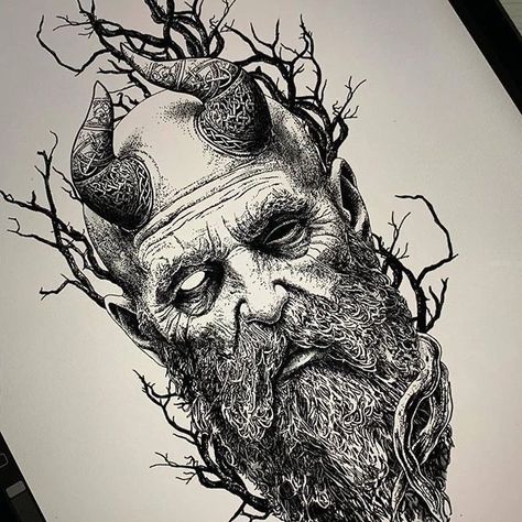 Mimir Head Tattoo, Viking Gods Tattoo, Norse God Tattoo, Mimir Head, Mimir God, Viking Skull Art, Men Finger Tattoos, Slavic Tattoo, God Of Knowledge