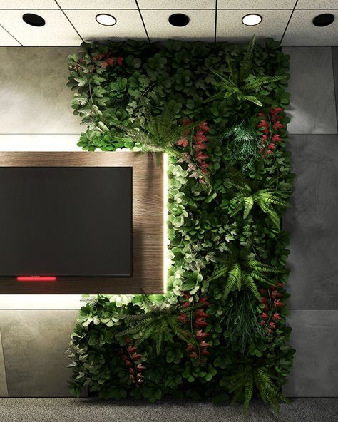 Entrance hall with vertical garden #microcement #wood on Behance Tv Wall Green Design, Greenwall Reception, Living Wall Indoor Office, Interior Vertical Garden, Green Wall With Logo, Food Panda, Vertical Garden Artificial Green Walls, Wall Behind Tv, Golf Bar