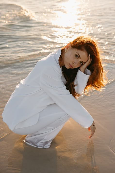 Female Beach Photoshoot, Beach Editorial Photoshoot, Kneeling Pose, Touching Face, Pensacola Beach Florida, Beach Editorial, Pensacola Wedding, Editorial Portrait, Brand Shoot