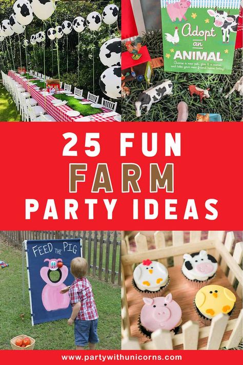 Planning a Farm birthday party? We listed 25 fun farm party ideas to help you plan a fun and memorable farm-themed birthday party for your child. Farm Party Games, Farm Party Ideas, Farm Parties, Farm Animal Birthday Party, Farm Party Favors, Farm Themed Party, Barnyard Birthday Party, Farm Theme Birthday, Farm Animal Party