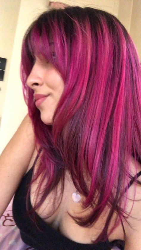 Black Into Pink Hair, Long Magenta Hair, Pink Hair Black Streaks, Hot Pink Hair Dye Ideas, Black Hair With Pink Stripes, Fuchsia Pink Hair, Red Pink And Black Hair, Dark Pink And Black Hair, Dark Hot Pink Hair