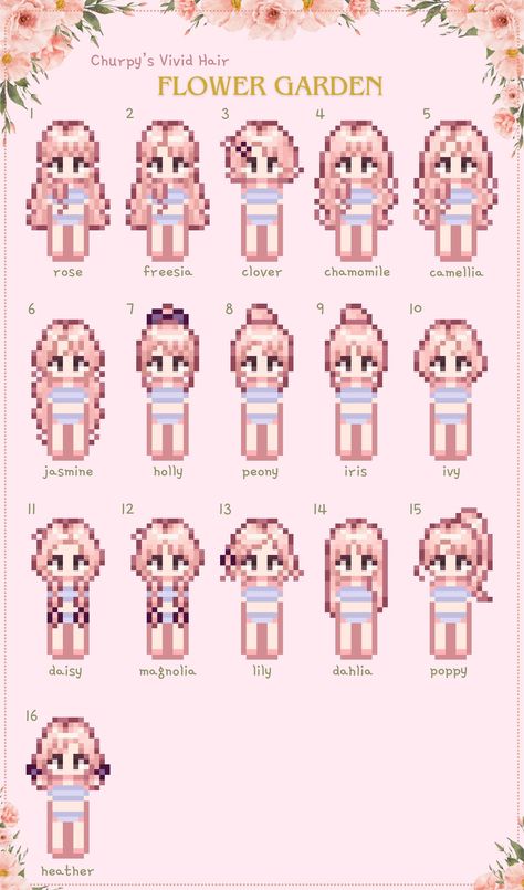 Stardew Flower Farm, Stardew Valley Color Coded Museum, Cute Stardew Valley Character Ideas, Stardew Valley Flower Farm, Stardew Valley Character Ideas No Mod, Stardew Valley Hairstyle, Stardew Character Ideas, Stardew Valley Sprite Mod, Stardew Clothing Mods