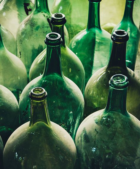 Green hues throughout catch the light to illuminate like the surface of the sea. Recommend for collecting branches or as a large format decorative detail in any room. Old Green Aesthetic, Central Italy, Green Bottle, Green Hues, Handmade Table, World Of Color, Wine Bottles, Large Format, Green Aesthetic