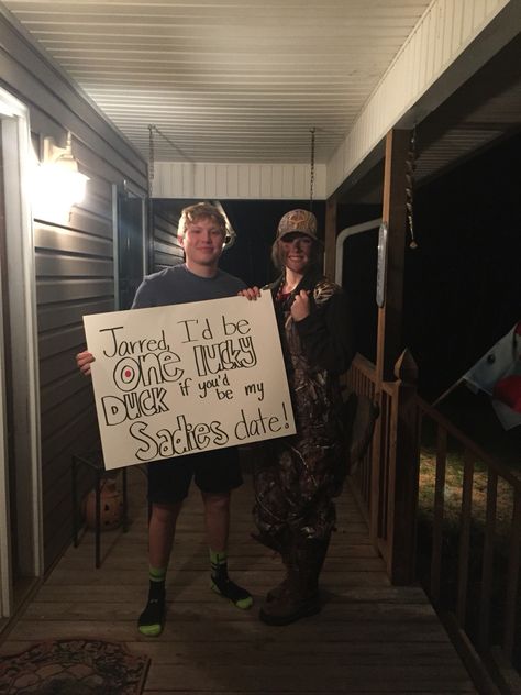 Sadies dance proposal. Duck hunting theme. Hunting Sadies Proposal Ideas, Hunting Promposal For Him, Cowboy Sadies Proposals, Duck Homecoming Proposal, Duck Hunting Promposal, Hunting Hoco Proposals, Sadie Hawkins Proposals Country, Country Sadies Proposal, Hunting Promposal