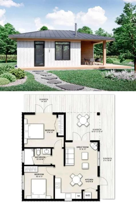 Two Bedroom Tiny House, One Bedroom House Plans, Backyard Guest Houses, Guest House Plans, Small Cottage House Plans, One Bedroom House, Tiny House Layout, Building A Tiny House, Best Tiny House