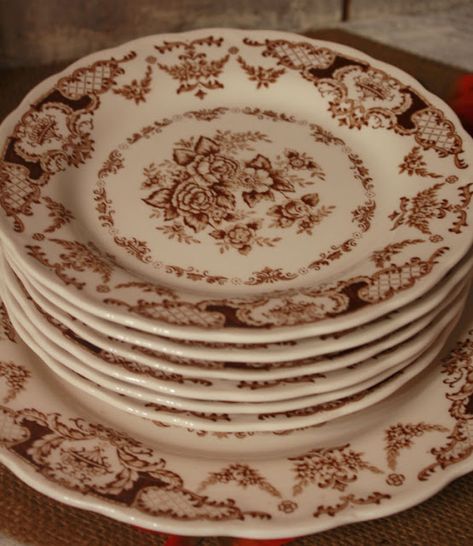 Tablescaping Ideas, Brown Transferware Plates, Ironstone Collection, Beautiful Antiques, Pretty Dishes, Collection Ideas, Transferware Plate, Brown Transferware, White Dishes