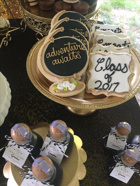 Custom Cookies - Adventure Awaits - Graduation Party - Travel Theme - Black, White and Gold Grad Party Travel Theme, Traveling Graduation Theme, Adventure Theme Graduation, The Adventure Begins Graduation Party, Go Change The World Graduation Party, Black Gold Graduation Party, History Graduation Party, Adventure Awaits Party Theme, Let The Adventure Begin Graduation Party