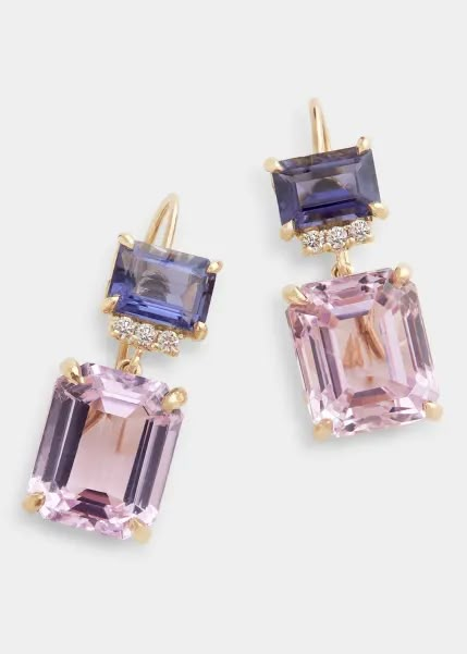 Y6C2B Jamie Wolf 18K Yellow Gold Emerald-Cut Drop Earrings with Iolite, Kunzite and Diamonds Emerald Cut Drop Earrings, Kunzite Jewelry, Earring Handmade, Cz Earrings, Jewelry Lookbook, Earrings Unique, Diamond Drops, Drop Earring, Dream Jewelry