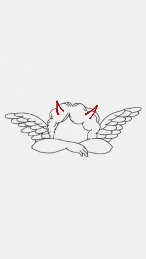 Fine Line Drawing Tattoo, Angel With Horns Tattoo, Cherub Angel Tattoo Simple, Small Starter Tattoos, Angel Small Tattoo, Good Evil Tattoo, Devil Cherub Tattoo, Lover Girl Tattoo, Angel Outline Tattoo