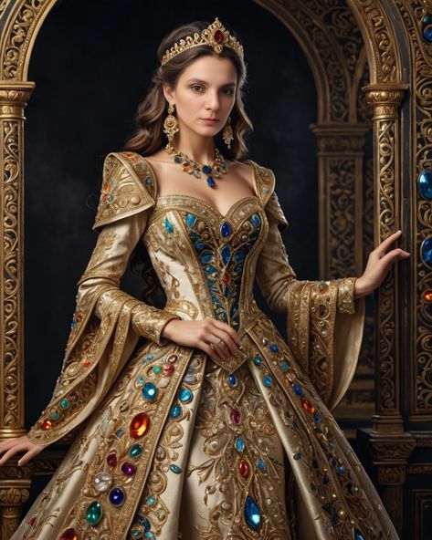 Lady in fantasy dress richly embroidered with gold, decorated with precious stones Queen Dress Royal Fantasy, Gold Fantasy Dress, Royal Dresses Queens, Royal Dresses Queens Fantasy, Queen Dress Royal, Fantasy Queen Dress, Fantasy Dress Queens, Queen Attire, Ancient Dress