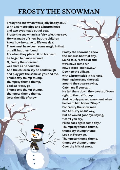 Frosty The Snowman Lyrics Free Printable, Frosty The Snowman Activities, Frosty The Snowman Party, Frosty The Snowman Lyrics, Snowman Poem, Snowman Songs, Christmas Poetry, Snowmen Activities, Snowman Party