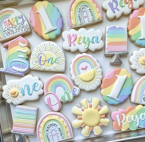 Rainbow Iced Cookies, Pastel Rainbow Cookies Decorated, Rainbow Birthday Cookies Decorated, Sunshine And Rainbow Cookies, Pastel Rainbow Birthday Cookies, Rainbow 1st Birthday Cookies, Rainbow Theme Cookies, Pastel Cookies Decorated, Rainbow First Birthday Cookies