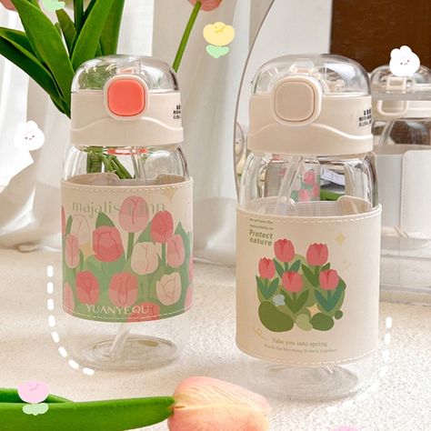 00s Mode, Cute Water Bottles, Tea Milk, Reusable Bottle, Spring Tulips, Botol Air, Cover Style, Kids Water Bottle, Water Bottle With Straw