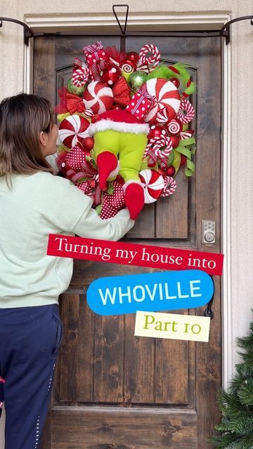 Front Porch Grinch Christmas Decor, Outside Grinch Christmas Decorations, Grinch Wreaths Diy, Whoville Christmas Decorations Diy Dollar Stores, Wreaths By Waldo, Grinch Front Door Decor, Grinch Christmas Wreath Ideas, Whoville Wreath, Outdoor Grinch Christmas Decor