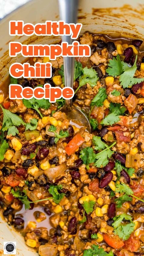 This Healthy Pumpkin Chili is a chili recipe with a hint of pumpkin, and packed with veggies and beans. Delicious served with cornbread! Pumpkin Chili In A Pumpkin, Chili With Pumpkin, Turkey Pumpkin Chili, Pumpkin Chili Recipe, Buffalo Chicken Soup, With Cornbread, Most Pinned Recipes, Chili Recipe Turkey, Clean Meals