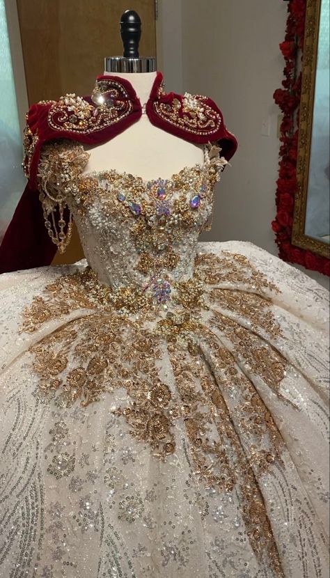 Royalty Quinceanera Dresses, Quince Dresses Red And White, Red And Gold Sweet 16 Dresses, Royalty Prom Dress, Royal Gown Aesthetic, Quince Dresses Gold, White And Gold Quince Dress, Sweet 16 Dresses Red, Red And Gold Quince Dress