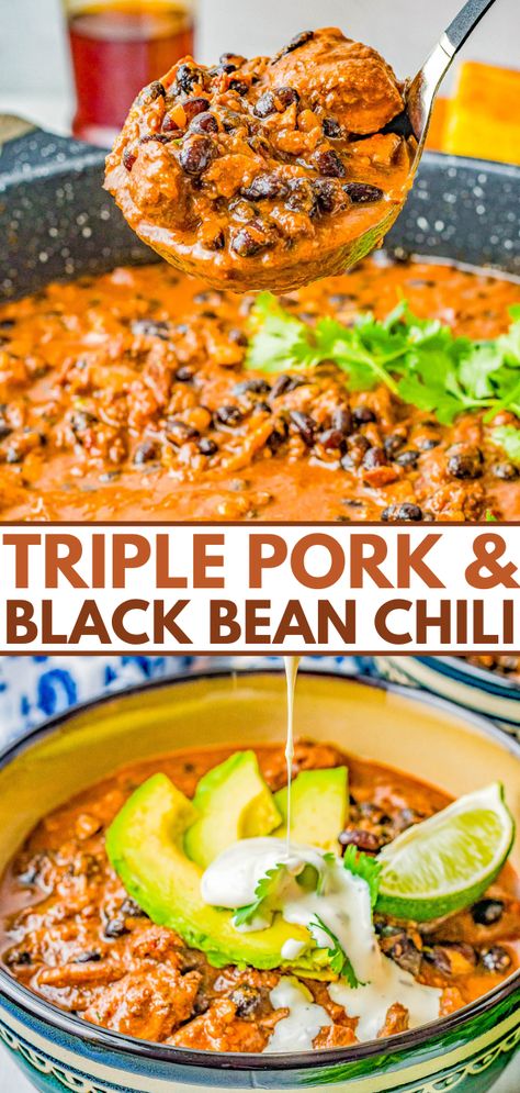 Triple Pork Black Bean Chili - Three types of pork including bacon, pork roast, and chorizo plus black beans and more in this comforting, hearty, and filling chili recipe! Easy and perfect for chilly weather, family dinners, or make it for game day or tailgating parties! Chili With Black Beans, Unique Chili Recipes, Pork Chili Recipe, Pork Chorizo, Pulled Pork Chili, Chorizo Chili, Pork Chili, Hearty Chili, Black Bean Chili