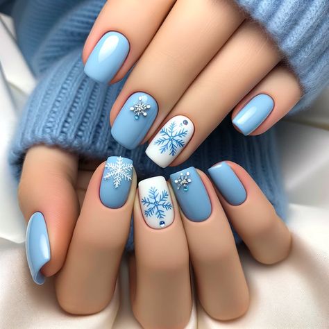 Luminary Nails Design Christmas, Blue Sns Nails Colors, Winter Nail Designs Short Nails, Cute Nails For January 2024, Nail Art Simple Elegant Classy Blue, Chic Nail Art Classy, Light Blue Holiday Nails, Baby Blue Snowflake Nails, 2 Colors Nails