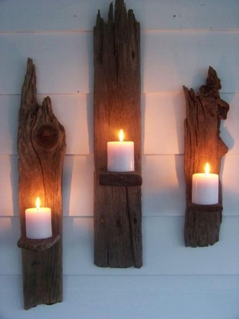 Wooden Sconces, Log Candle Holders, Koti Diy, Driftwood Candle, Log Candles, Rustic Wall Sconces, Driftwood Decor, Driftwood Crafts, Diy Holz