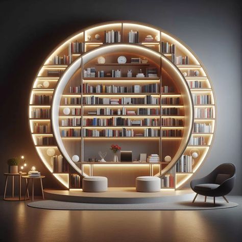 Radial Interior Design, Radial Balance Interior Design, Circular Bookshelf, Balance Interior Design, Radial Balance, Origami Home Decor, Shelving Solutions, Creative Display, Working Space