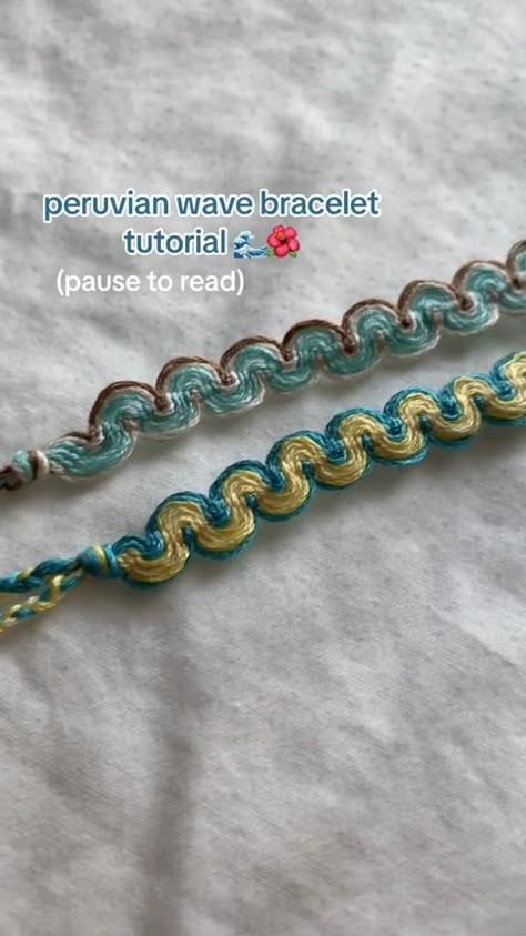 Peruvian Wave Braclet Tutorial!  You might need to pause the video or watch it a few times to get the pattern down, but you will 100% want to learn this iconic bracelet design!  these are so cool looking!  Get some embroidery floss from the link below!  Video Credit: depopkaitlynleft on Tiktok! Peruvian Bracelets Tutorial, Church Camp Bracelets, How To Make A Bracelet Loop, How Make A Bracelet, Half Vertical Wave Bracelet Tutorial, How To Start Bracelet, How To Follow A Bracelet Pattern, Peruvian Wave Bracelet Tutorial, Summer Bracelets Tutorial