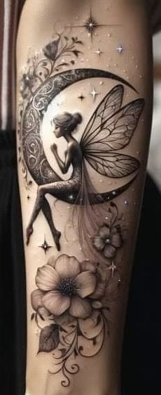 Fairy In Moon Tattoo, Fairy Leg Tattoo, Pixie Tattoo Fairy, Fairy And Moon Tattoo, Pixie Tattoos, Fairy Tattoo Designs Unique, Fairy Sleeve Tattoo, Natur Tattoo Arm, Pixie Tattoo