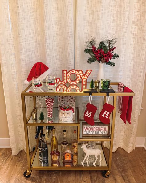 Christmas Bar Cart Decor, Christmas Bar Set Up, Bar Cart Christmas Decor, Christmas Bar Decor, Christmas Bar Cart Styling, Christmas Bar Decorations, Hot Cocoa Bar Cart, Glassware Wall, December Inspiration