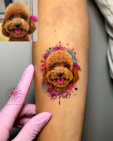 •Poofy 💖 . . . #dogtattoo #art #tattoo #bestfriends #pettattoo #colortattoo #paw #bestfriends #love #bestfriends #petstagram | Instagram Pet Memory Tattoos, Fleshy Art, Boxer Dog Tattoo, Pet Tattoo Ideas, Cat Portrait Tattoos, Pet Memorial Tattoo, Pet Tattoos, Small Dog Tattoos, Memory Tattoos